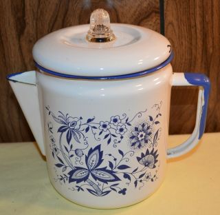 Vintage 6 " White Enamelware Coffee Pot With Blue Flower Trim Glass Perc Top