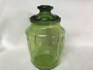 Large Vintage Green Glass Apothecary Jar Canister With Lid 9 " Euc