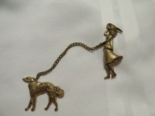 Vintage Coro Gold Tone Chatelaine Brooch Pair Woman In Hat Walking Dog