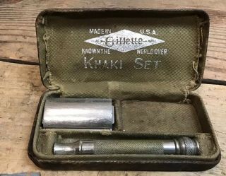 Vintage Gillette Khaki Set Double Edge Razor In Case