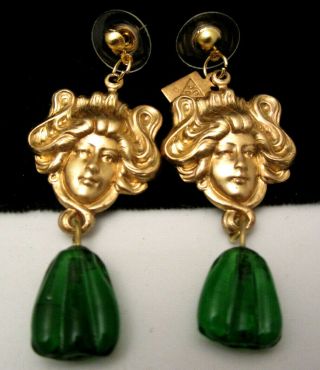 Vintage Signed Jb Goldtone 2 " Cameo Art Nouveau Green Glass Pierced Earrings A12