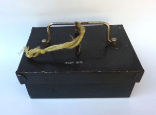 Vintage 40 - 50 S Metal Cash Money Strong Safe Type Box Key Handle Portable Grey