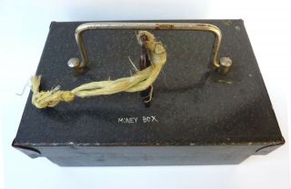 Vintage 40 - 50 s Metal Cash Money Strong Safe Type Box Key Handle Portable Grey 4