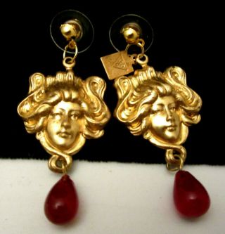 Vintage Signed Jb Goldtone 2 " Cameo Art Nouveau Dangle Pierced Earring A12