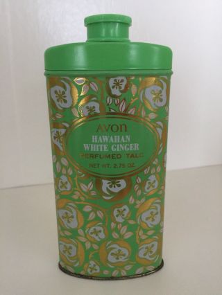 Vintage Avon Hawaiian White Ginger Perfumed Talc Tin Green Gold White