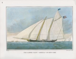 1972 Vintage Currier & Ives Yachting " Clipper Yacht America Ny " Color Lithograph