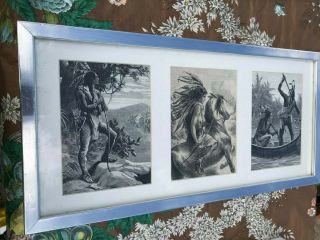 Large Framed Vintage Trio Of 1894 Plates Native American Indian Picture