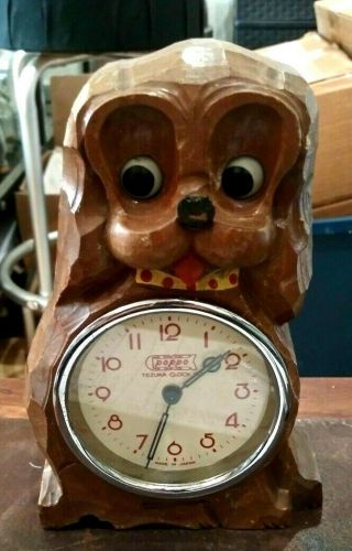 Vintage Occupied Japan Poppo Tezuka Doggie Clock Wood Winds Up And And Eyes Move