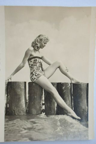 Girl Women On Beach Swimsuit Pin Up Vintage German Real Photo Postcard