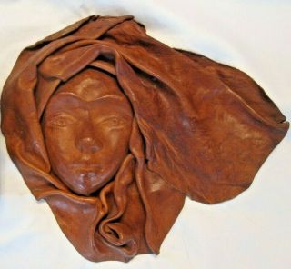 Vintage Handcrafted Leather Molded Face Mask Tribal Woman Wall Hanging