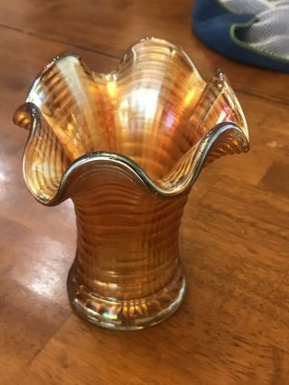 Vintage Carnival Glass Flower Vase Ruffled Marigold Iridescent 5.  5 " H,  5 " D Exc