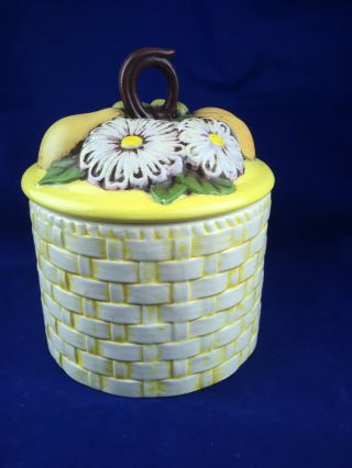 Vintage Yellow Porcelain Canister Basket Weave Design Fruit Daisy Lid Pear Peach