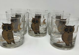 8 Vintage Couroc Low Ball Glasses Owl & Moon Theme Mid Century 2