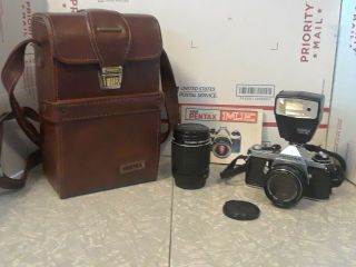 Asahi Pentax Me 35 Mm Camera With Two Lenses Instruction Book And Carrying Case