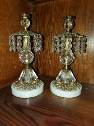 Two Vintage Brass And Carrara Marble Candlesticks - Made In Italy.
