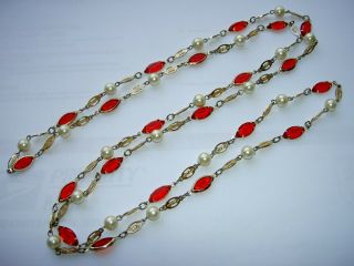 Vtg Art Deco Pearl Red Lucite Crystal Bezel Filigree Flapper Necklace 52 " Long
