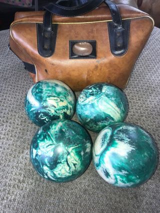 4 Vtg Green White Swirl Candlepin Duckpin Bowling Balls With Bag Case