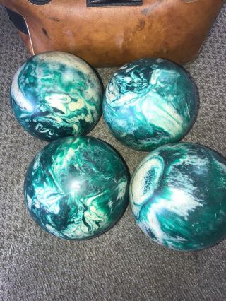 4 Vtg Green White Swirl Candlepin Duckpin Bowling Balls With Bag Case 2