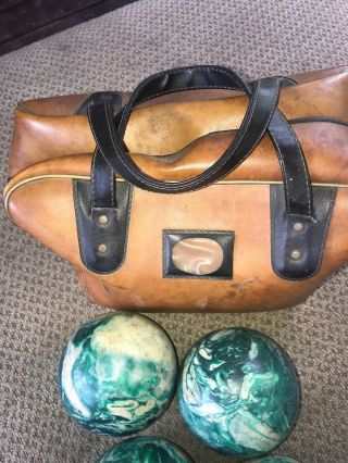4 Vtg Green White Swirl Candlepin Duckpin Bowling Balls With Bag Case 3