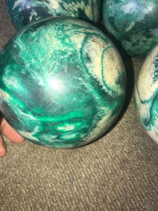 4 Vtg Green White Swirl Candlepin Duckpin Bowling Balls With Bag Case 4