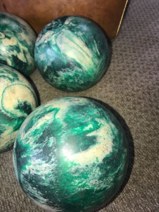 4 Vtg Green White Swirl Candlepin Duckpin Bowling Balls With Bag Case 5