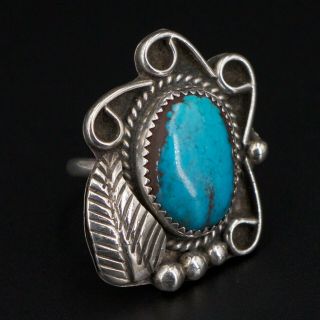 Vtg Sterling Silver - Navajo Signed Turquoise Stone Feather Ring Size 6 - 12.  5g