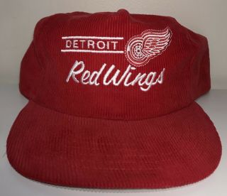 Vintage Nhl Detroit Red Wings Corduroy Hat Snap Back Ice 90’s Red Script