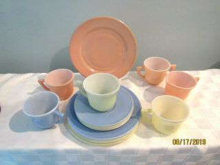 Vintage Hazel Atlas Milk Glass Fired On Pastel Color Childs Tea Set 13 Piece