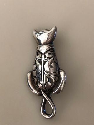 Vintage Sterling Silver Cat Brooch Pin Signed Jezlaine Cutout Filigree Beauty