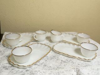 Vintage Fire King Lunch Snack Set White Swirl Shell Gold Trim Cups Plates Sugar