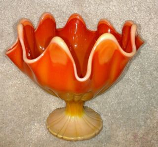 Vintage Le L.  E.  Smith Bittersweet Orange Slag Glass Simplicity Crimped Compote