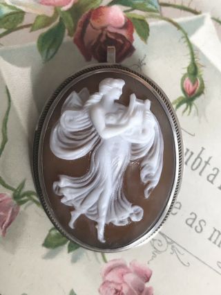 VINTAGE STERLING SILVER CARVED SHELL CAMEO ART NOUVEAU STYLE BROOCH/PIN /PENDANT 2