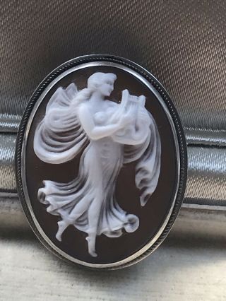 VINTAGE STERLING SILVER CARVED SHELL CAMEO ART NOUVEAU STYLE BROOCH/PIN /PENDANT 3