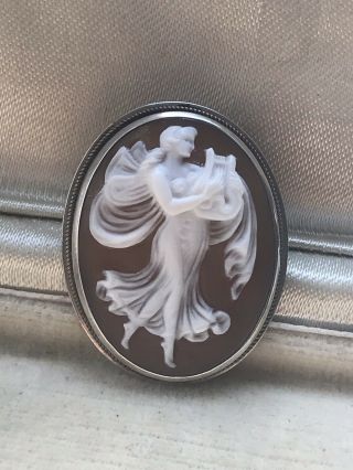 VINTAGE STERLING SILVER CARVED SHELL CAMEO ART NOUVEAU STYLE BROOCH/PIN /PENDANT 8