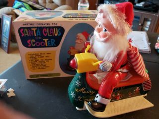 Vintage Tin - Litho Battery - Op Bump - N - Go Santa Claus On Scooter