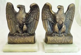 Vintage Cast Metal Eagle Bookends Marble Base 7.  25 " Tall