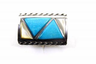 Vintage Sterling Silver Navajo Turquoise & Mother Of Pearl Ring Sz 6 3/4