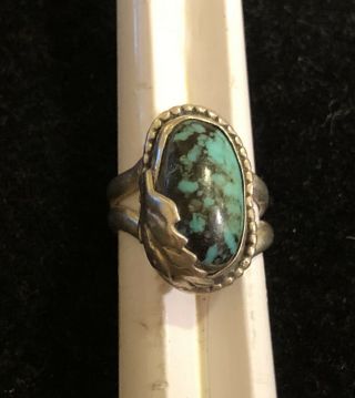 Vintage Turquoise 925 Sterling Silver Ring With Leaf Detail Sz5