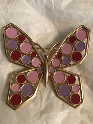 Vintage Crown Trifari Goldtone Butterfly Brooch Pin - Pink Lavender And Red