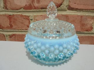 Vintage Fenton Glass Blue Opalescent Hobnail Puff Box W Clear Lid
