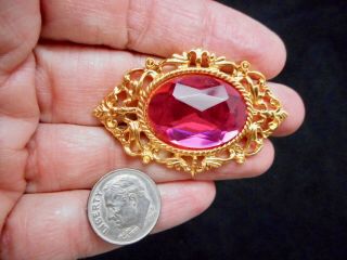 Authentic Vintage 1950 ' s Gold Tone HUGE Pink Rhinestone Brooch/Pin 2