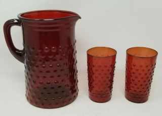 Vintage Anchor Hocking Royal Ruby Red Hobnail Water Set Pitcher & 2 Glasses