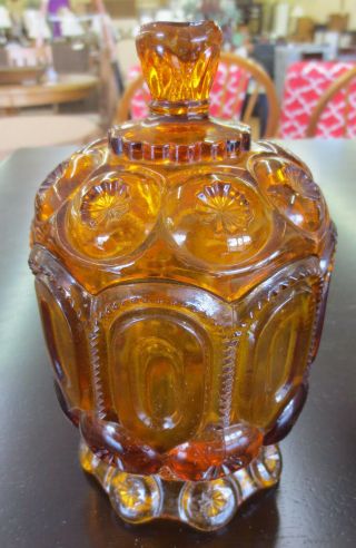 Vintage L E Smith Moon & Stars Amber Glass Low Short Footed Candy Dish Jar