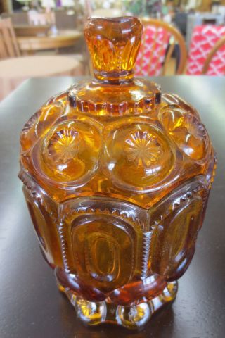 Vintage L E Smith Moon & Stars Amber Glass Low Short Footed Candy Dish Jar 2