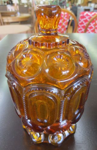 Vintage L E Smith Moon & Stars Amber Glass Low Short Footed Candy Dish Jar 3