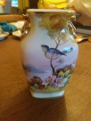 Vintage Nippon Hand Painted Vase Double Handled 6 " Bird In Tree,