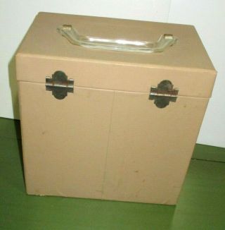 VINTAGE BEIGE COLORED 45 RPM RECORD STORAGE CASE WITH INDEX CARDS,  STICKERS 3