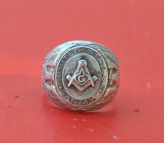 Vintage Sterling Silver Us Army Masonic Ring Size - 8.  75 907