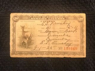 Vintage 1925 - 1926 California Hunting License