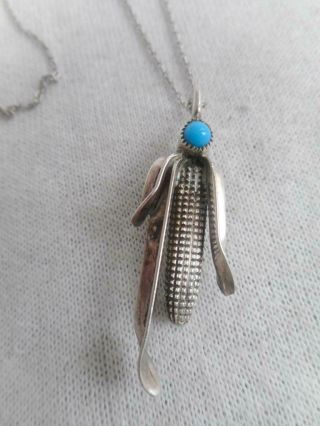 Vtg Southwestern 925 & Turquoise Corn Cob Pin/ Pendant & 18 " 925 Chain Necklace